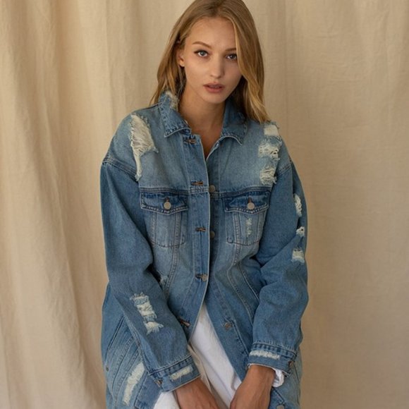 NEW PREMIUM OVERSIZED DISTRESSED DENIM JEAN JACKET shacket LARGE classic - Picture 6 of 6